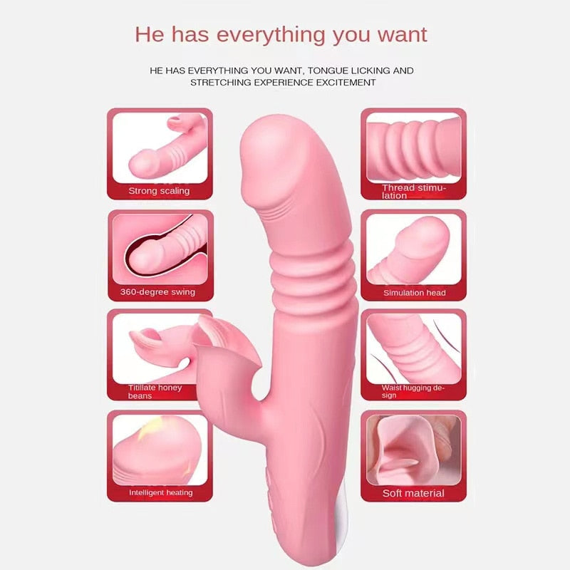 Self-Heating Telescopic Tongue Licking Nipple Clit Stimulating Dildo for Women