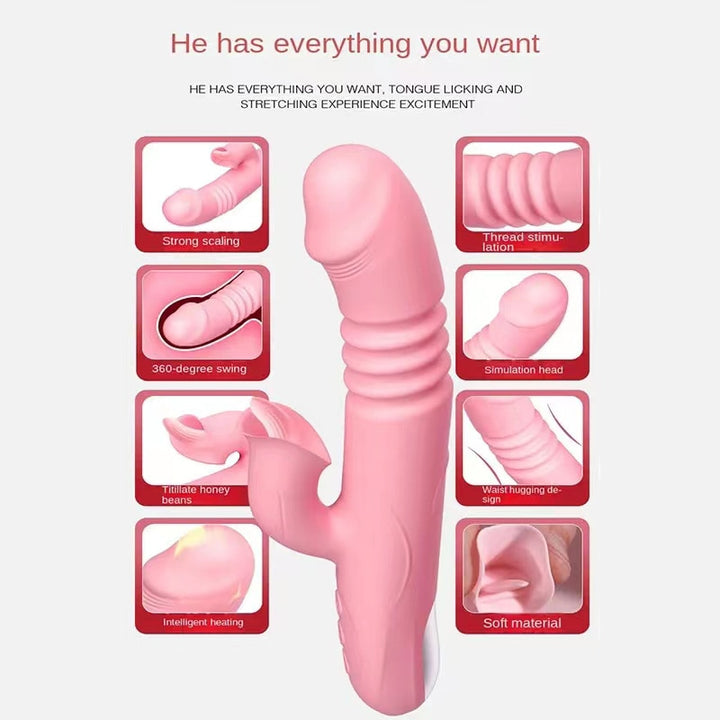Self-Heating Telescopic Tongue Licking Nipple Clit Stimulating Dildo for Women