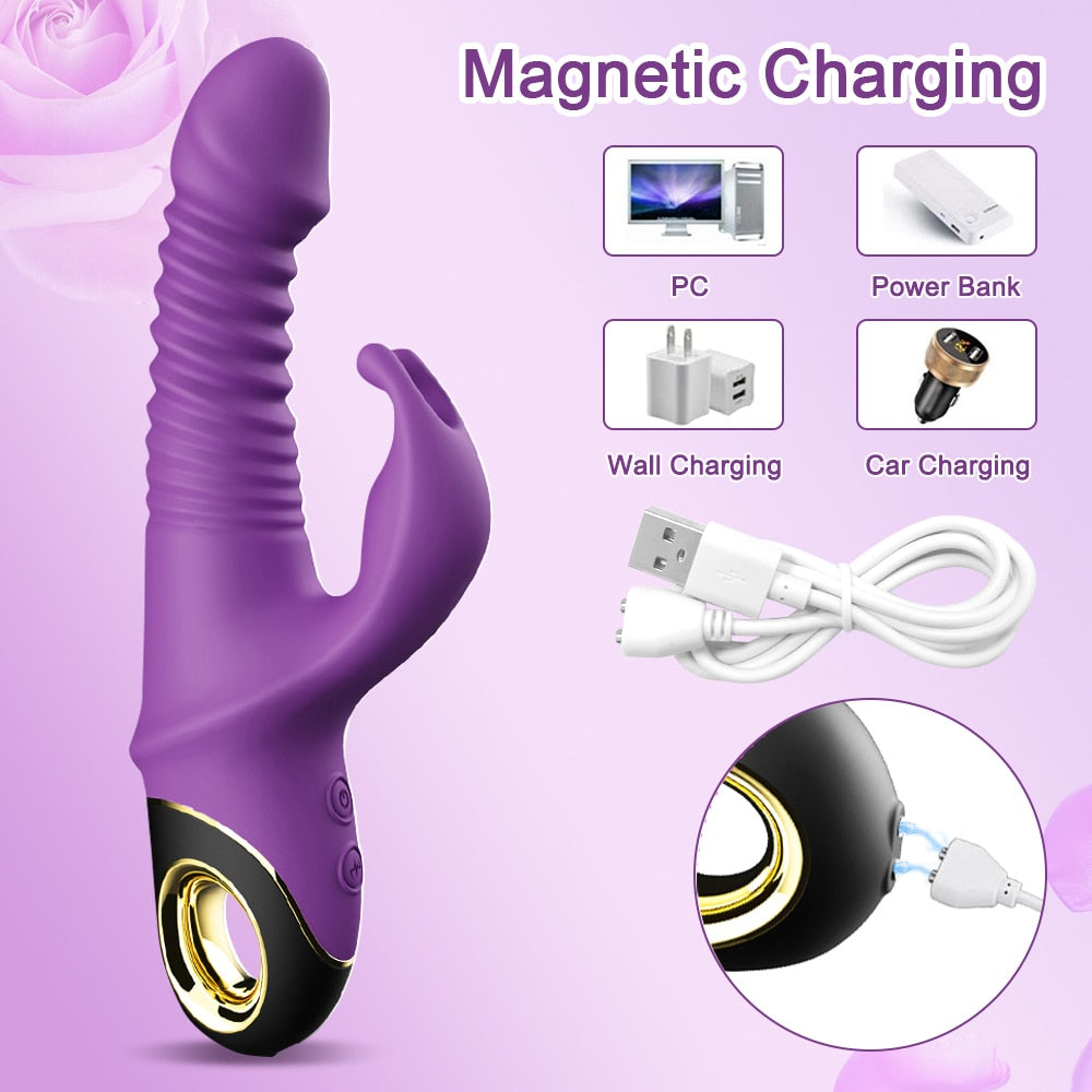 New Model Rabbit Thrusting Vibrator Automatic Telescopic G-Spot Clit Stimulator for Women