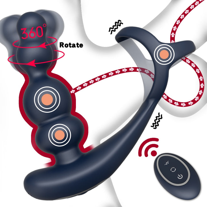 Male Prostate Massager Vibrator 360° Rotate Anal Plug Penis Ring
