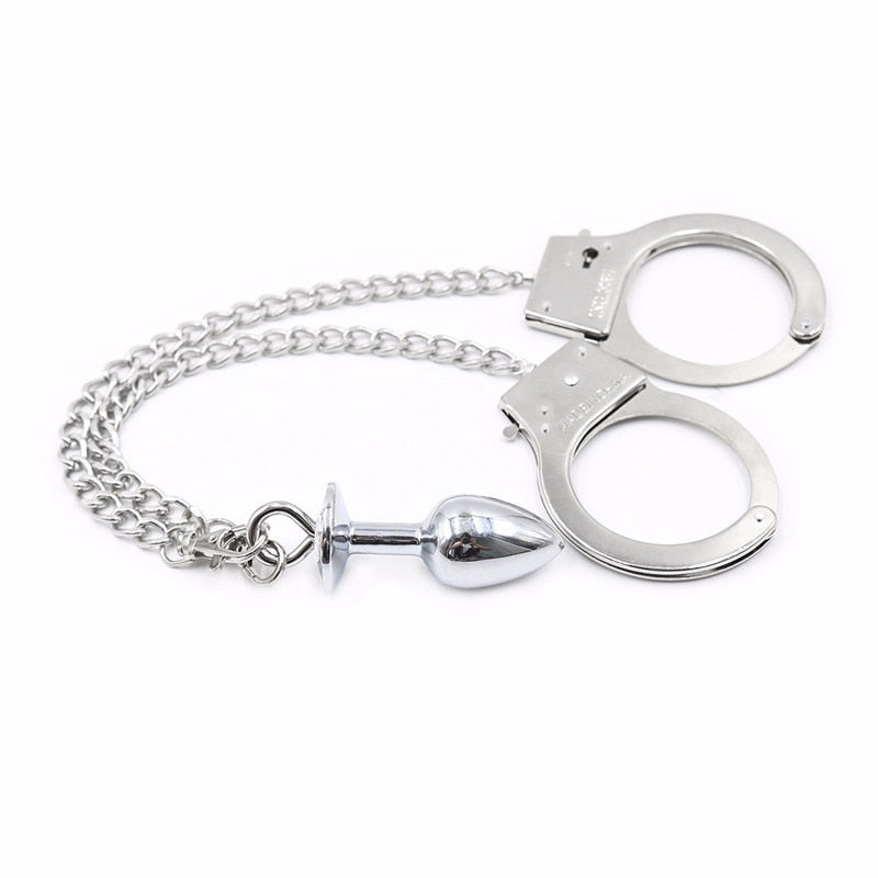 BDSM New Model Metal Bondage Sex Fetish Handcuffs Connect with Anal Plug Adult Sex Toy Store - SexxToys.Shop