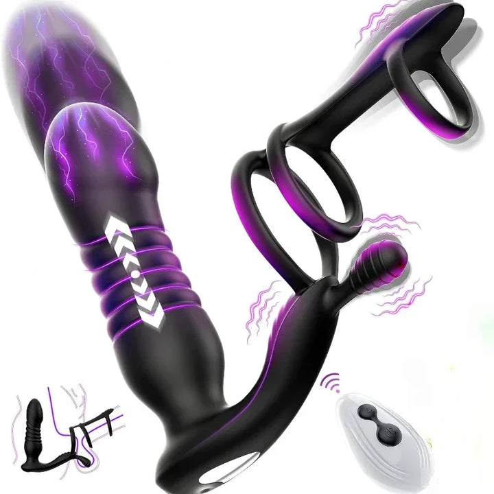 Male Thrusting Prostate Massager Wireless Anal Butt Plug Vibrator Perineum Stimulator Penis Cock Ring - fromasia2america.shop