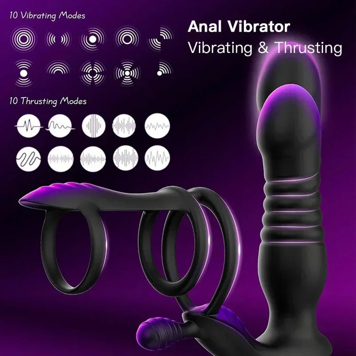 Male Thrusting Prostate Massager Wireless Anal Butt Plug Vibrator Perineum Stimulator Penis Cock Ring - fromasia2america.shop