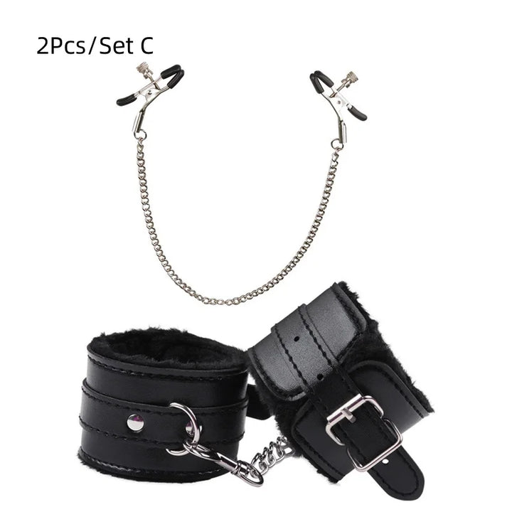 Bdsm Bondage Kit Leather Handcuffs Sets Whip Nipple Clamps Ball Gag Collar for Women Couples - fromasia2america.shop