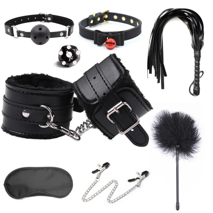 Bdsm Bondage Kit Leather Handcuffs Sets Whip Nipple Clamps Ball Gag Collar for Women Couples - fromasia2america.shop