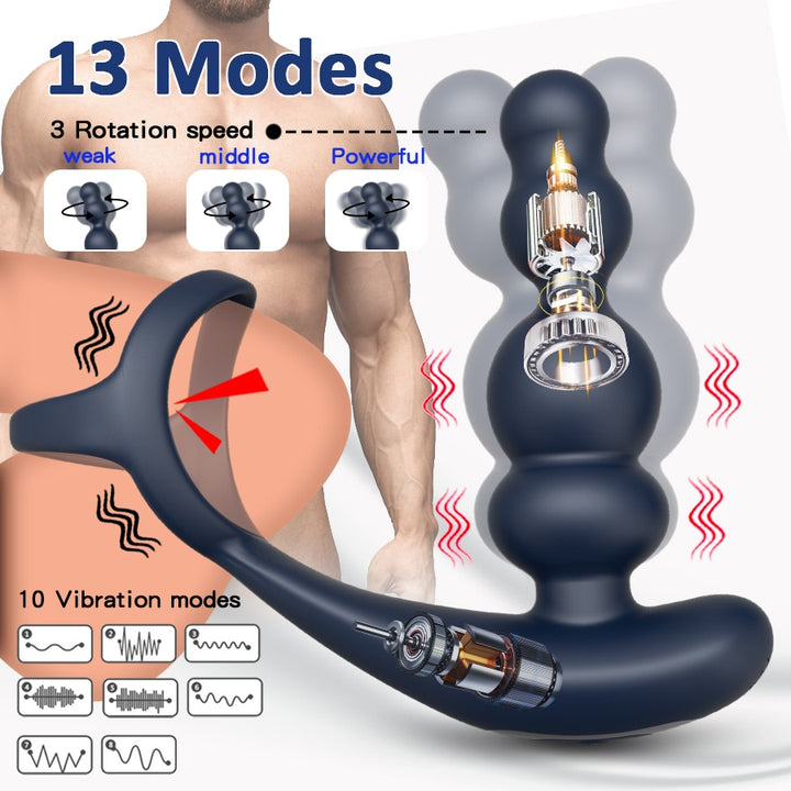Male Prostate Massager Vibrator 360° Rotate Anal Plug Penis Ring