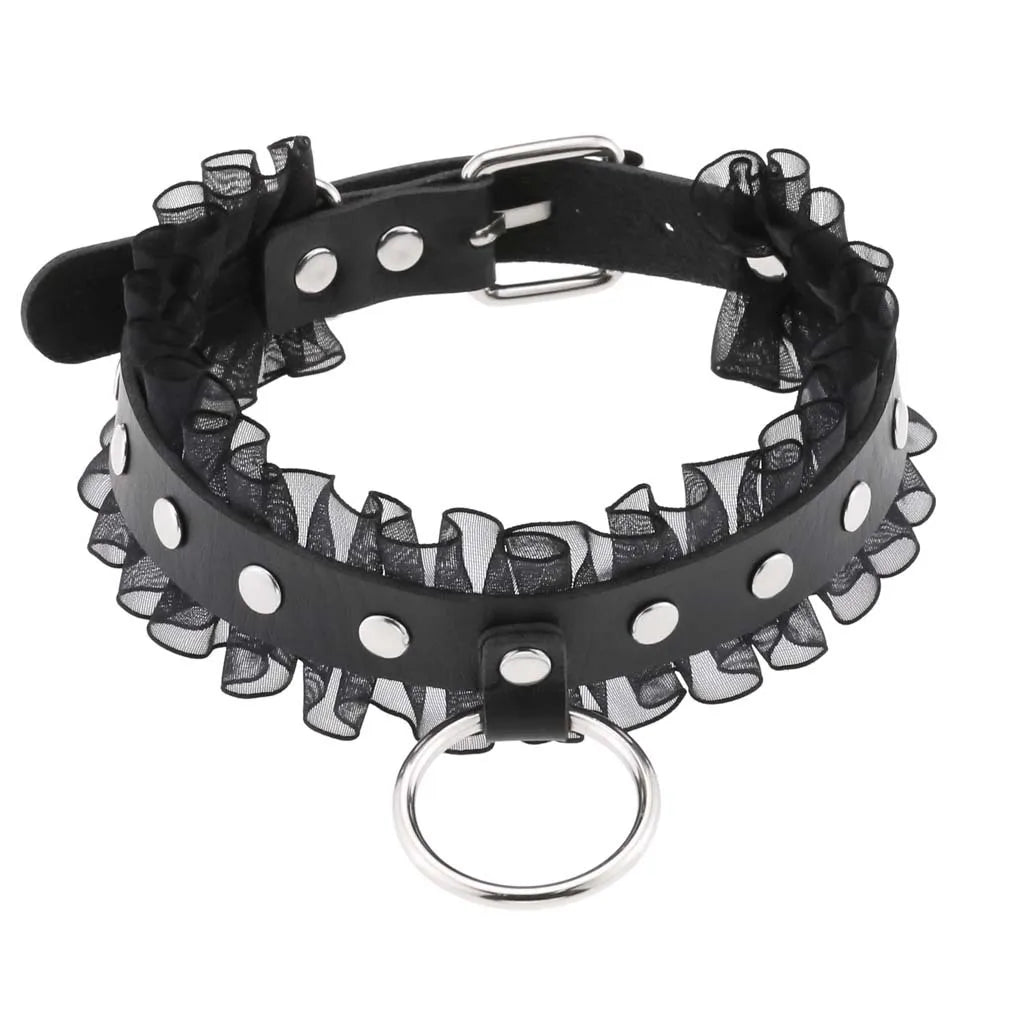 Goth Sexy Lace Rivet PU Leather Round Circle Collars  Girl Slave BDSM - fromasia2america.shop