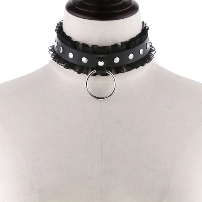 Goth Sexy Lace Rivet PU Leather Round Circle Collars  Girl Slave BDSM - fromasia2america.shop