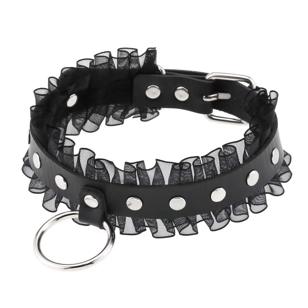 Goth Sexy Lace Rivet PU Leather Round Circle Collars  Girl Slave BDSM - fromasia2america.shop