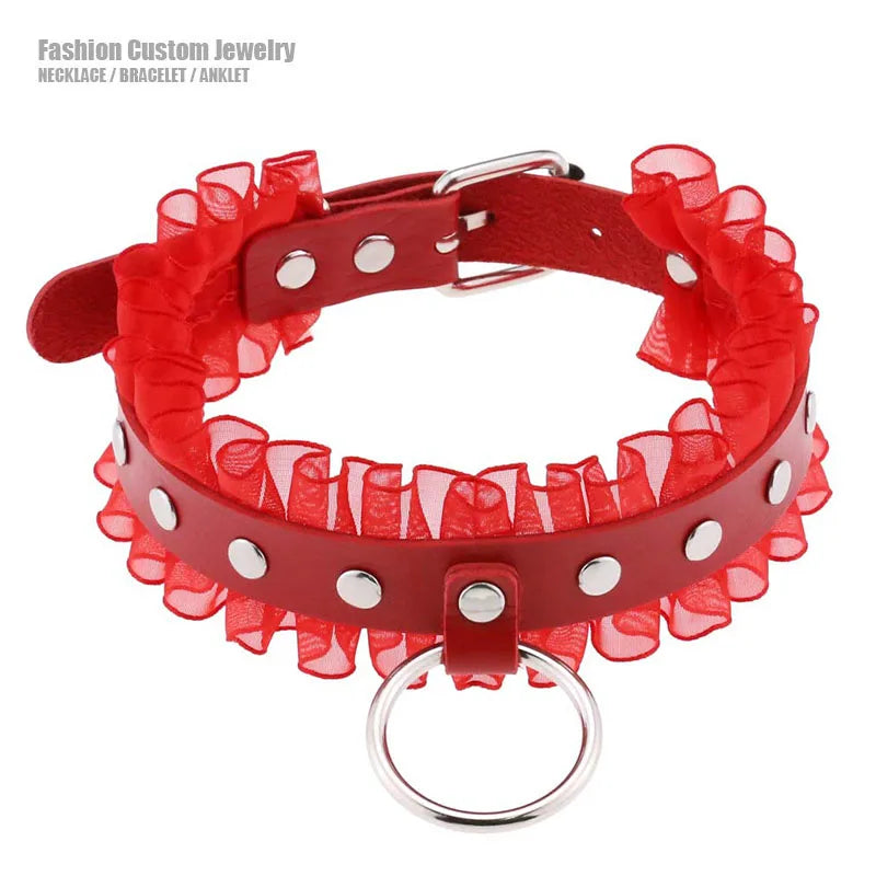 Goth Sexy Lace Rivet PU Leather Round Circle Collars  Girl Slave BDSM - fromasia2america.shop