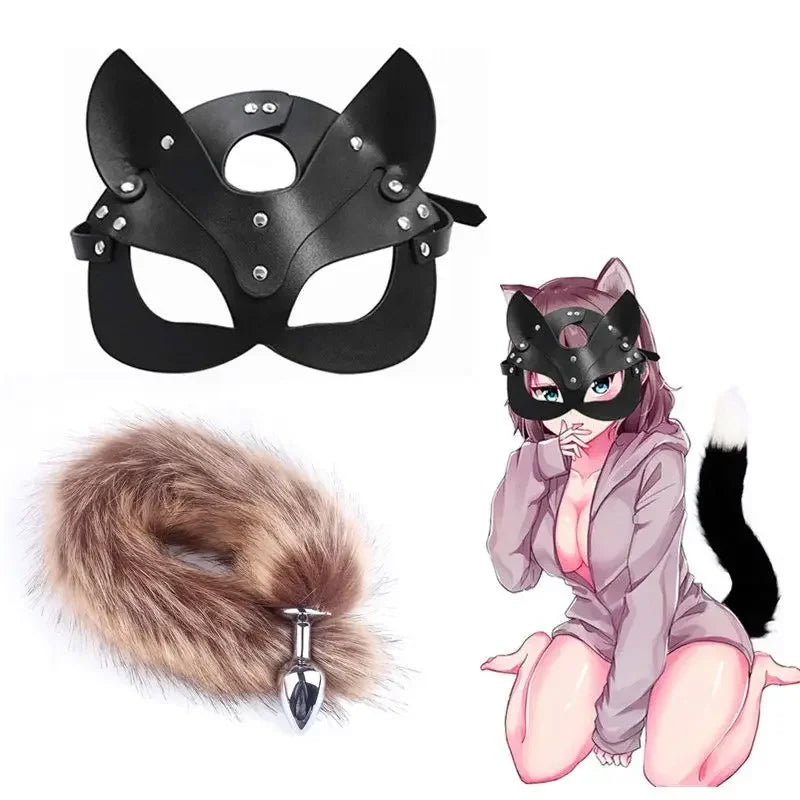 Woman Cosplay Fox Mask Tail Anal Plug Metal Anus Butt Plug Half Cat Mask BDSM - fromasia2america.shop