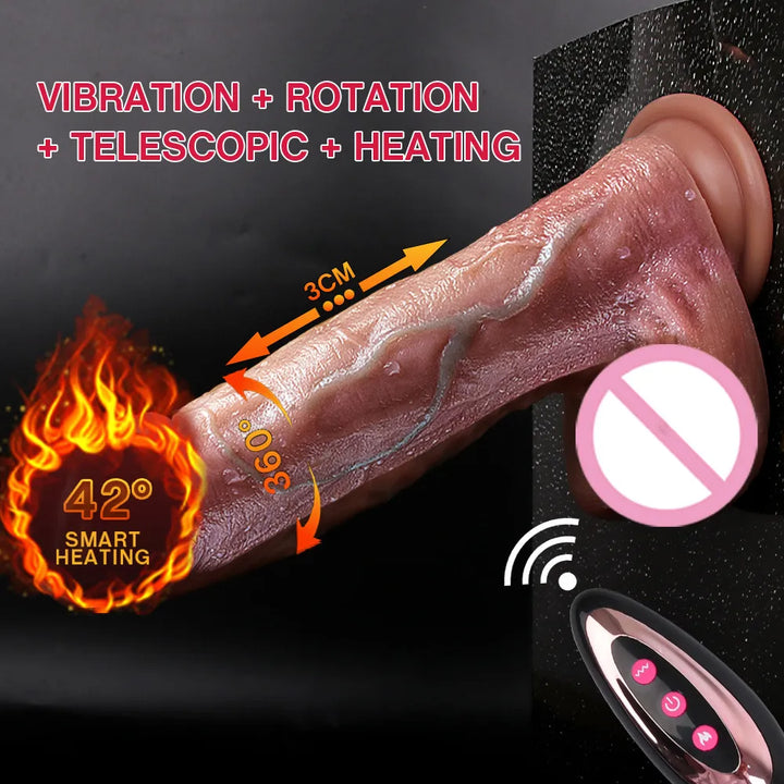 Telescopic Rotation Vibrator Soft Realistic Dildo with Suction Cup Heating Penis Remote Controled