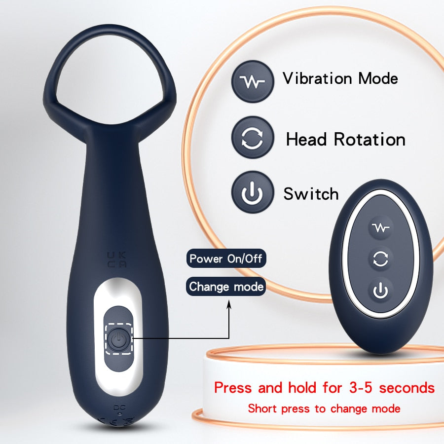 Male Prostate Massager Vibrator 360° Rotate Anal Plug Penis Ring