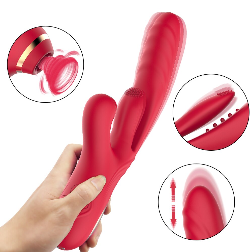 Telescopic Dildo G-Spot Sucking Rabbit Vibrator Tongue Licking Clit Dual Massager For Women