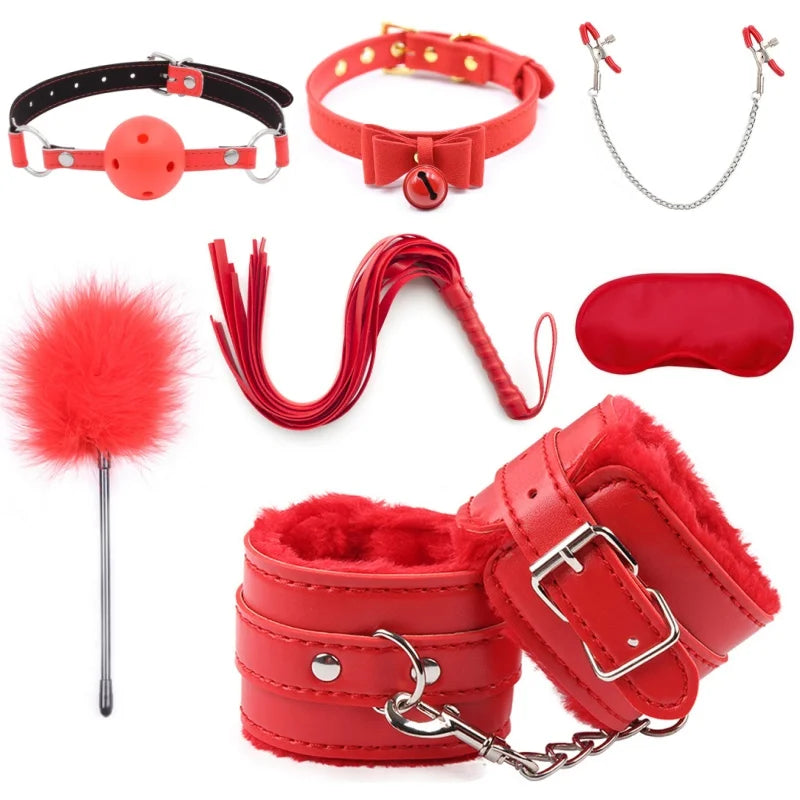 Bdsm Bondage Kit Leather Handcuffs Sets Whip Nipple Clamps Ball Gag Collar for Women Couples - fromasia2america.shop