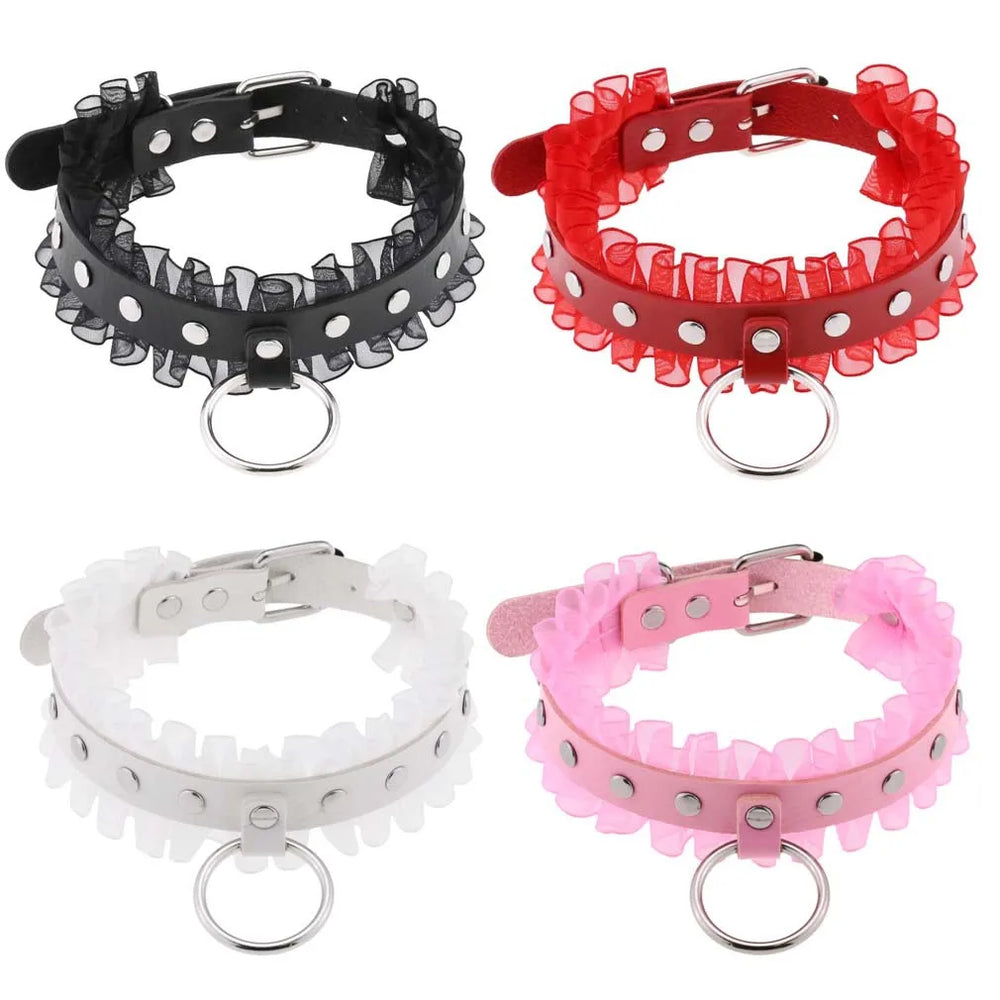 Goth Sexy Lace Rivet PU Leather Round Circle Collars  Girl Slave BDSM - fromasia2america.shop