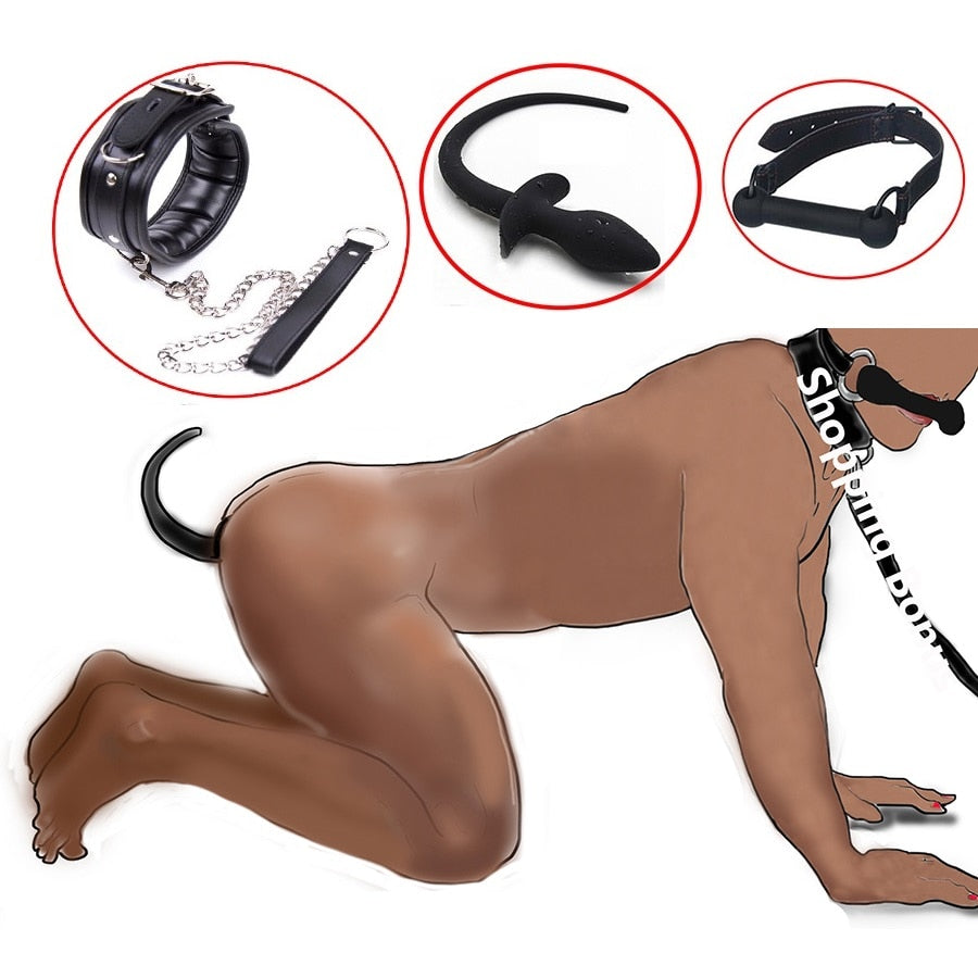 BDSM Bondage Puppy Play Set, Adult Sex Accessories Short Butt Plug Tails Silicone Dog Bone Ball Gag, Silicone Anal Tail Cosplay Apparel For Men or Women Adult Sex Toy Store - SexxToys.Shop