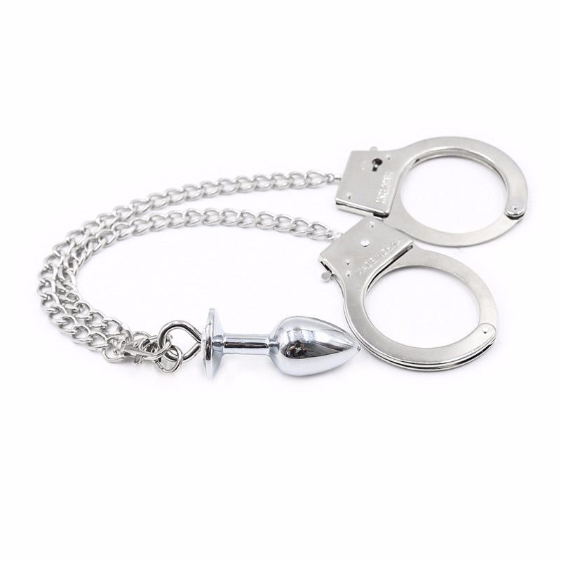 BDSM New Model Metal Bondage Sex Fetish Handcuffs Connect with Anal Plug Adult Sex Toy Store - SexxToys.Shop