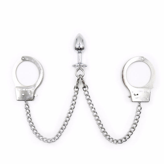BDSM New Model Metal Bondage Sex Fetish Handcuffs Connect with Anal Plug Adult Sex Toy Store - SexxToys.Shop