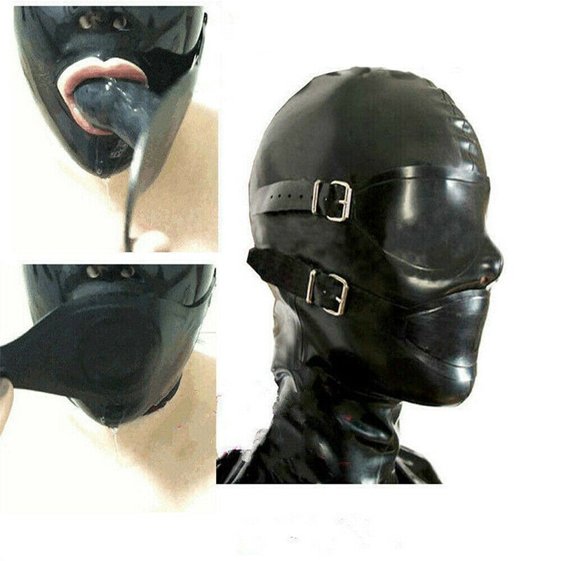 Sexy Black Latex Mask Rubber Full Enclosure Hood Rubber Hood with Eyeshade Eyes Cover and Mouth Gags with Back Zipper Adult Sex Toy Store - SexxToys.Shop