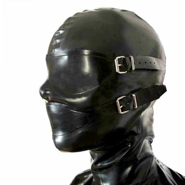 Sexy Black Latex Mask Rubber Full Enclosure Hood Rubber Hood with Eyeshade Eyes Cover and Mouth Gags with Back Zipper Adult Sex Toy Store - SexxToys.Shop